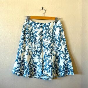 Ann Taylor Blue White Leaf Print Silk Linen Blend Pleated A-line Skirt 00P